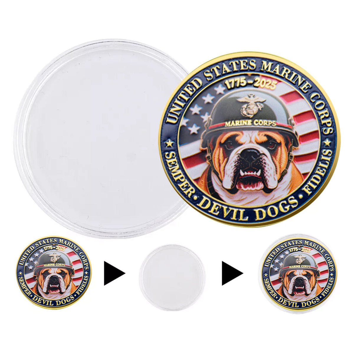 Bulldog Design US Marine Corps 250th Anniversary Challenge Gold Plated Coin