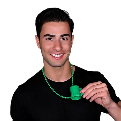Unlit Green Shamrock Mug Shot Glass on Bead Necklace for St Patricks Day