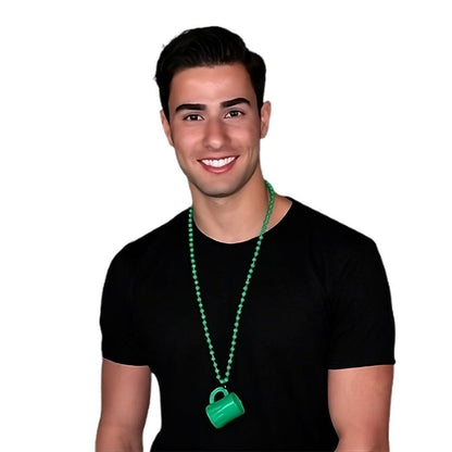 Unlit Green Shamrock Mug Shot Glass on Bead Necklace for St Patricks Day
