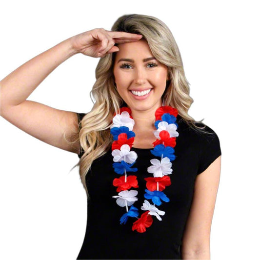 Hawaiian Flower Lei Necklace Red White and Blue