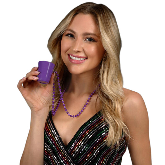 Unlit Purple Shot Glass on Purple Beaded Necklaces for Mardi Gras