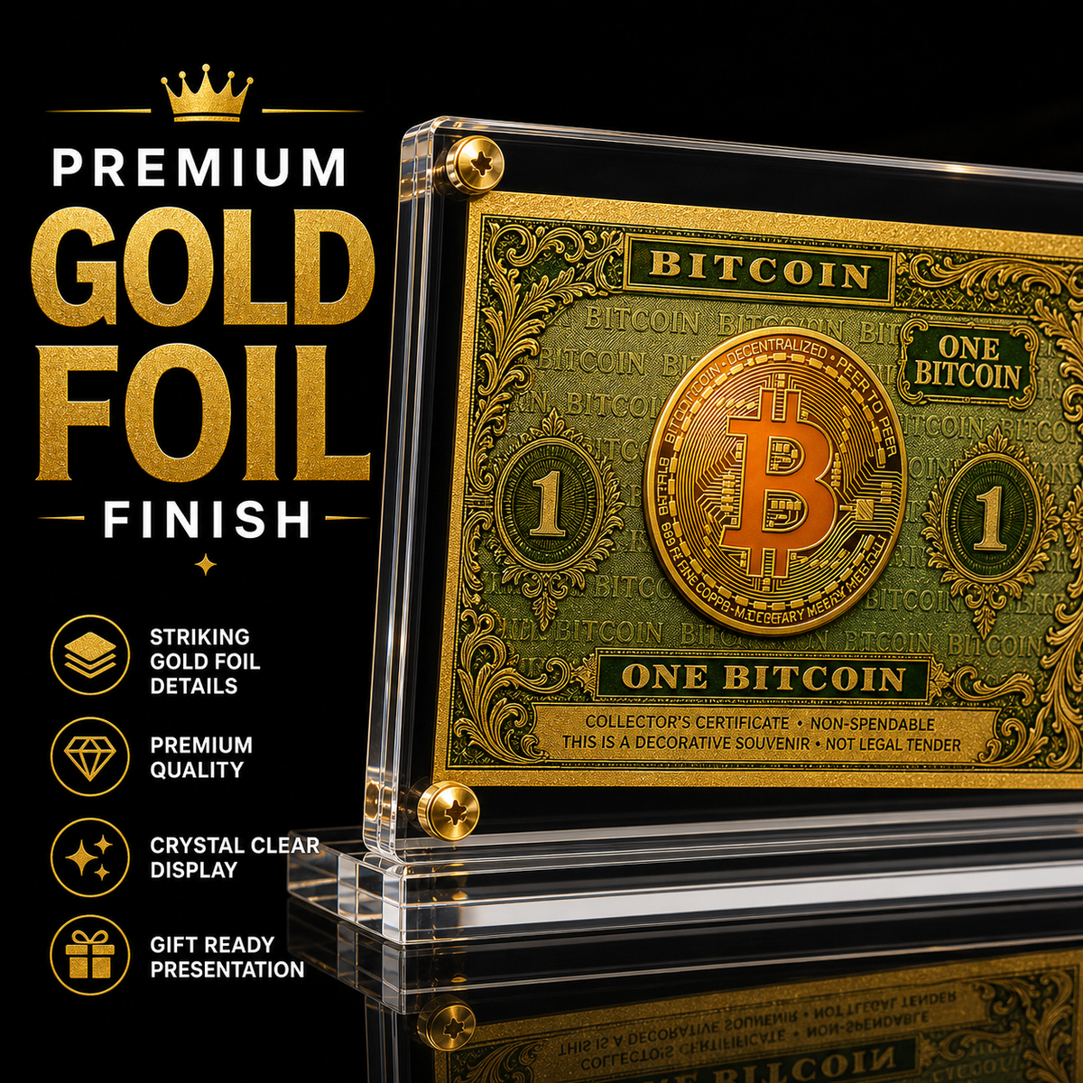 Bitcoin Gold Foil Novelty Bill with Acrylic Display Stand