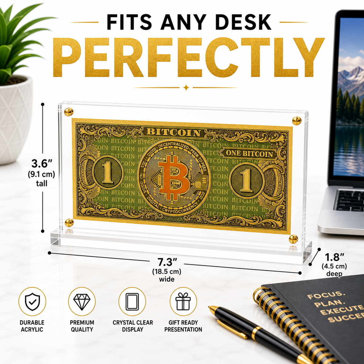 Bitcoin Gold Foil Novelty Bill with Acrylic Display Stand