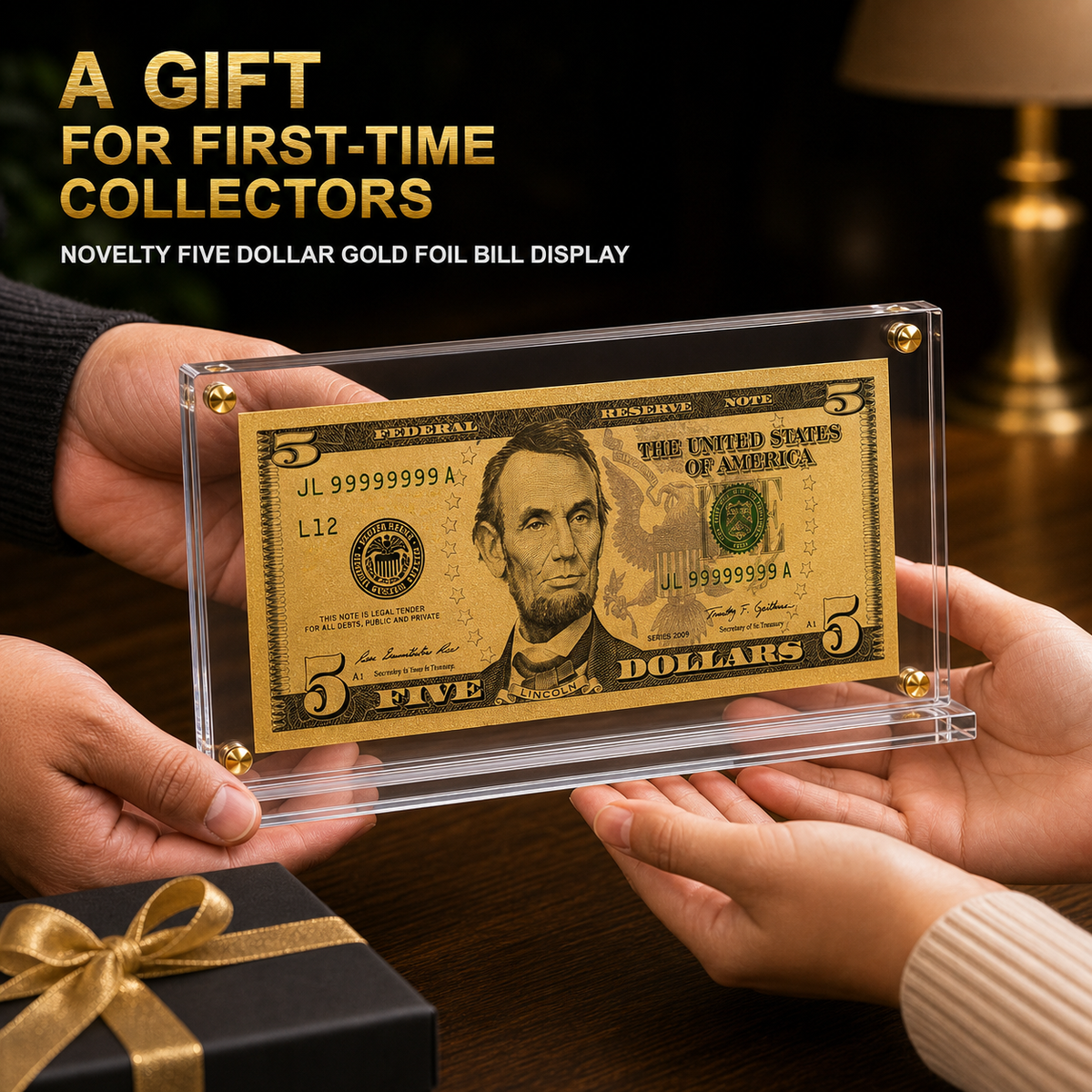 5 Dollar Gold Foil Bill with Acrylic Display Stand