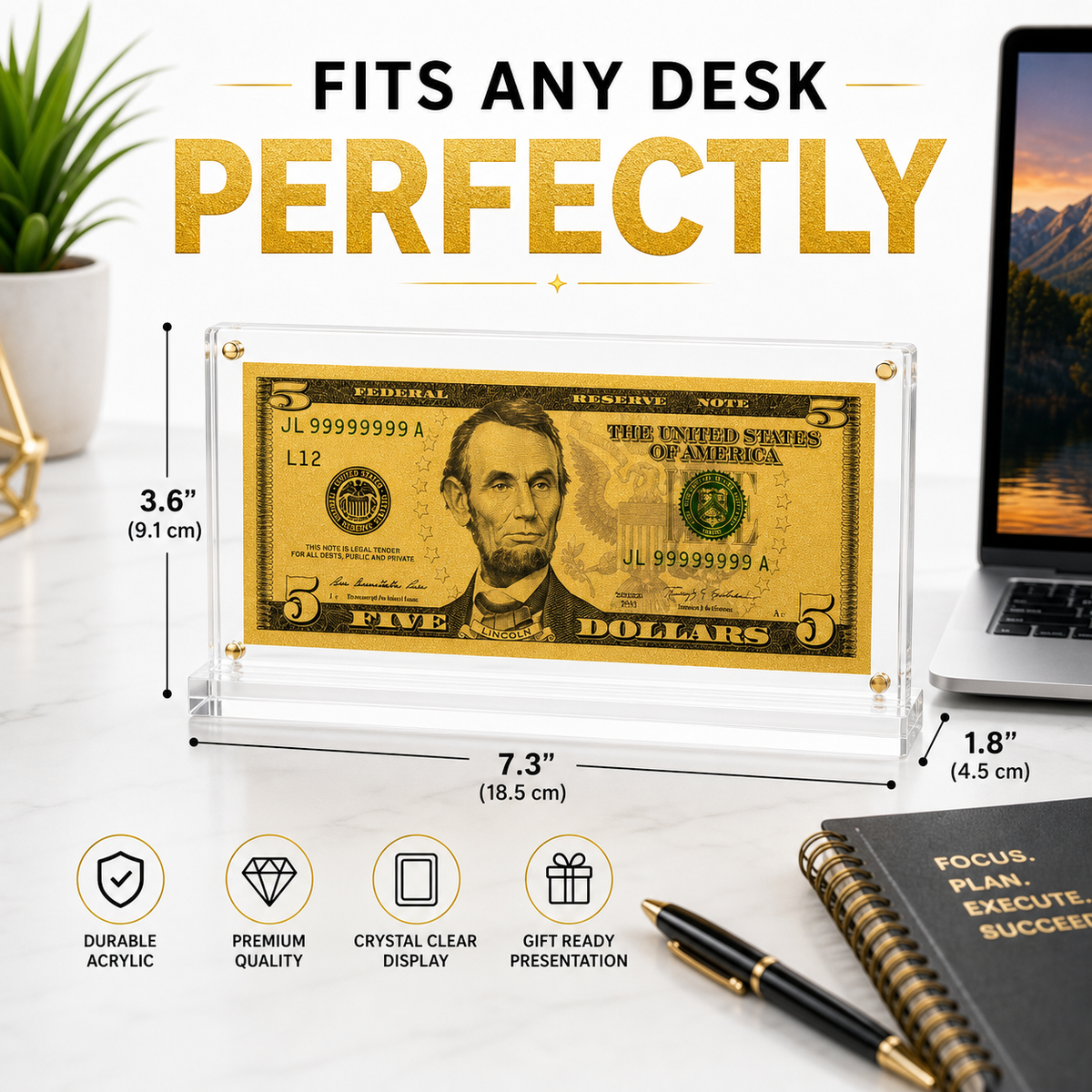 5 Dollar Gold Foil Bill with Acrylic Display Stand