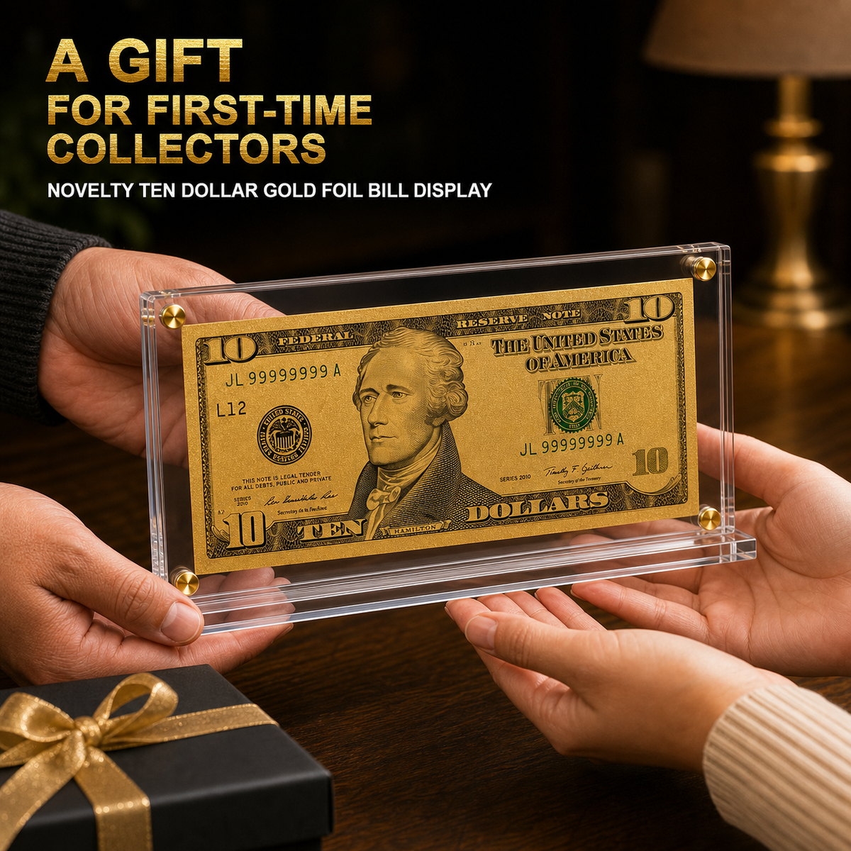 10 Dollar Gold Foil Bill with Acrylic Display Stand