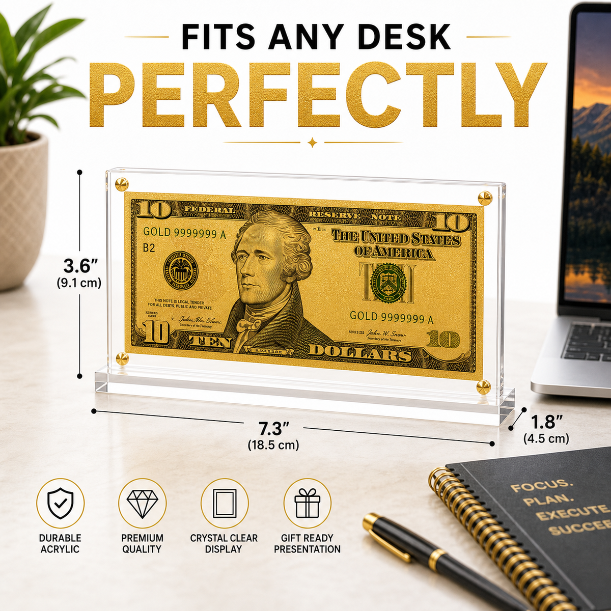 10 Dollar Gold Foil Bill with Acrylic Display Stand