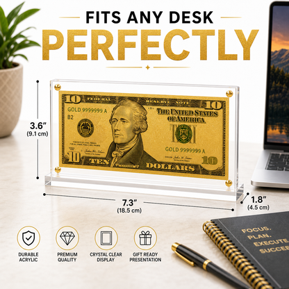10 Dollar Gold Foil Bill with Acrylic Display Stand