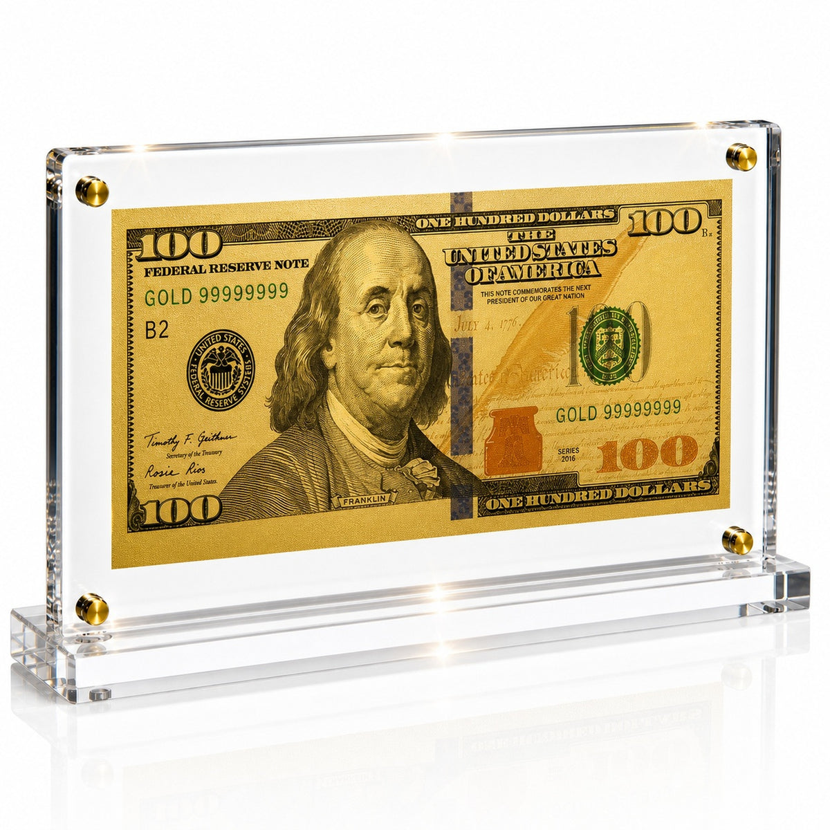 100 Dollar Gold Foil Bill with Acrylic Display Stand