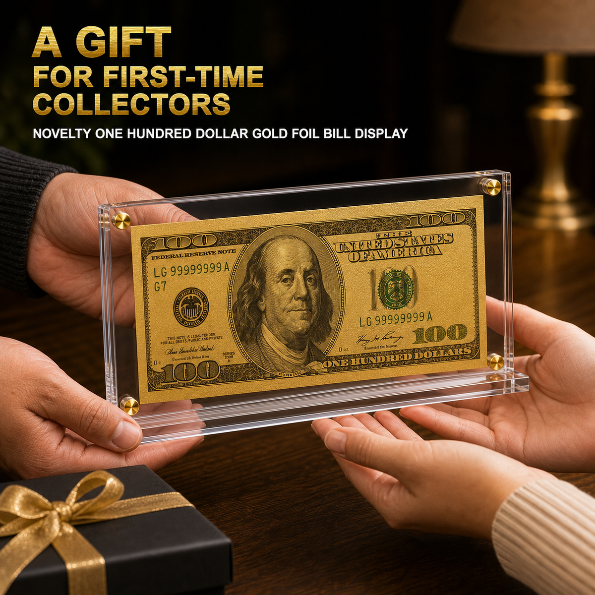 100 Dollar Gold Foil Bill with Acrylic Display Stand