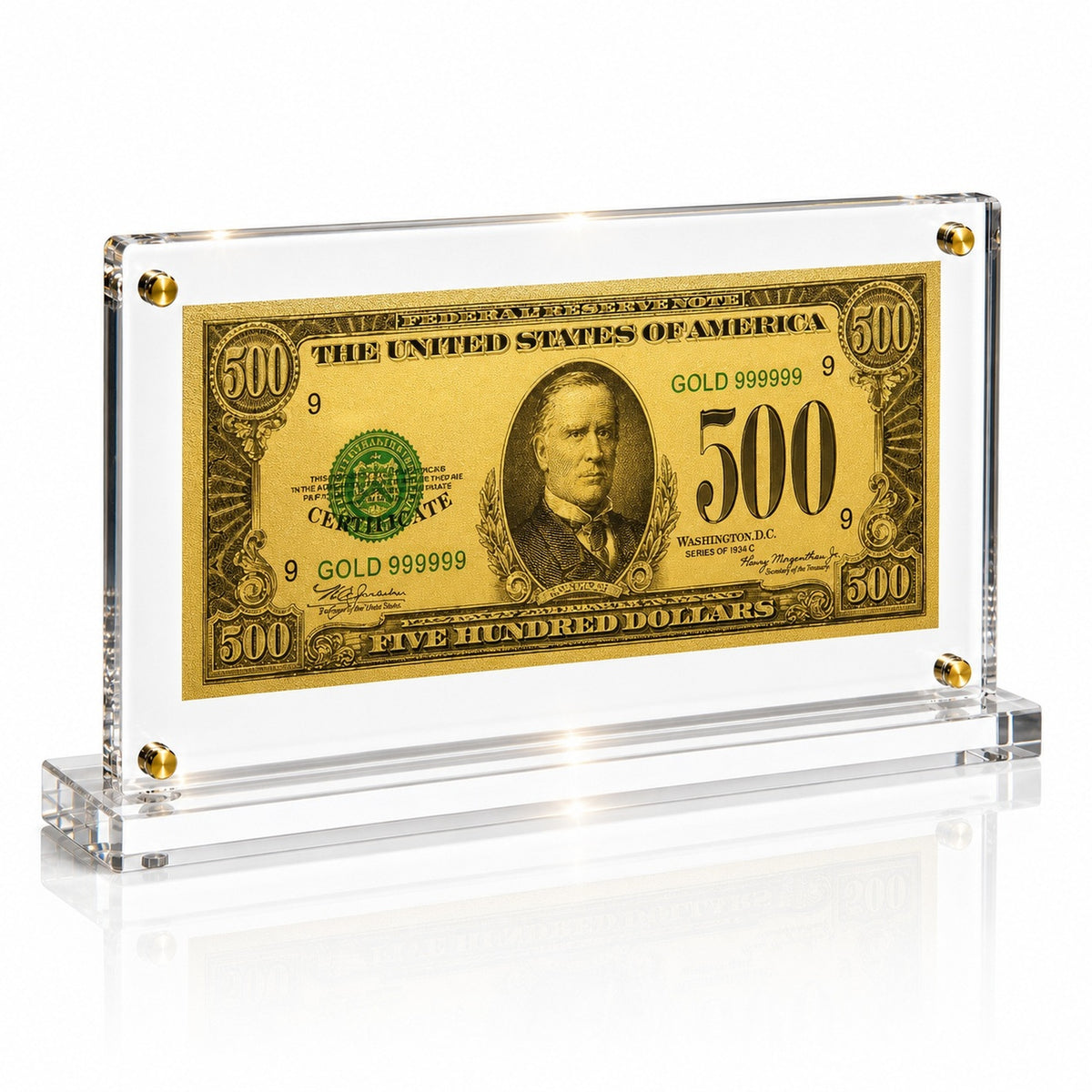 500 Dollar Gold Foil Bill with Acrylic Display Stand