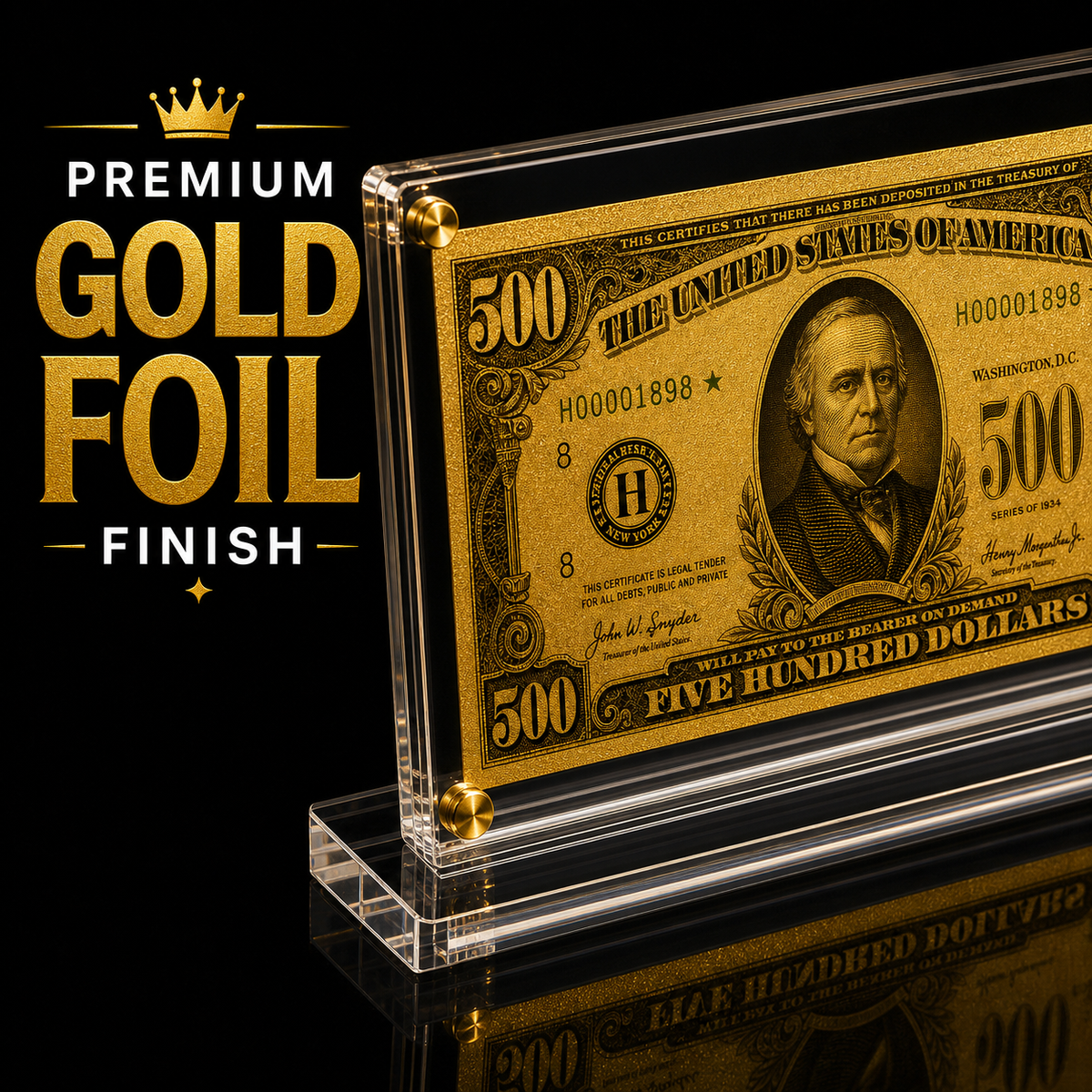 500 Dollar Gold Foil Bill with Acrylic Display Stand