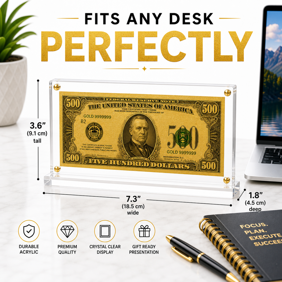 500 Dollar Gold Foil Bill with Acrylic Display Stand