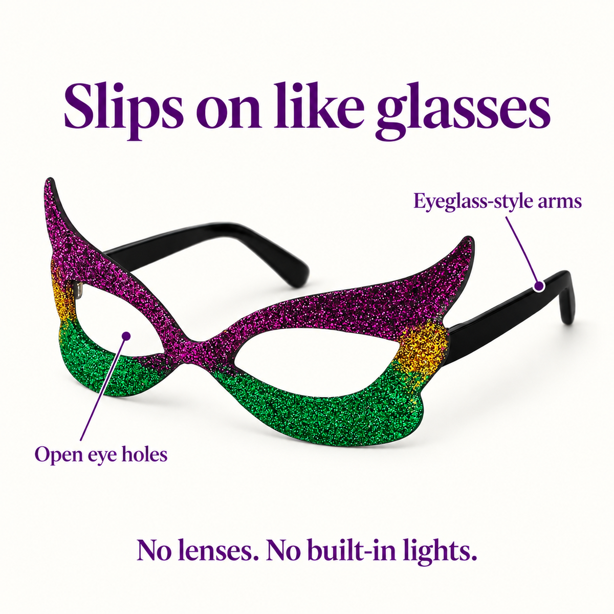 Mardi Gras Glitter Mask Glasses – Purple, Green & Gold