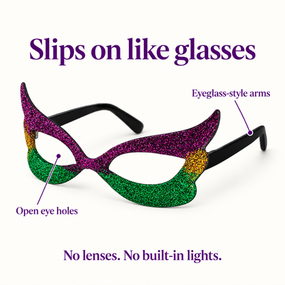 Mardi Gras Glitter Mask Glasses – Purple, Green & Gold
