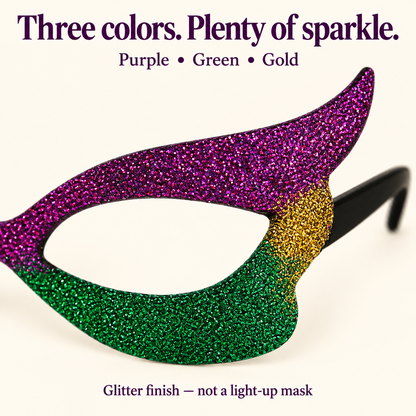 Mardi Gras Glitter Mask Glasses – Purple, Green & Gold
