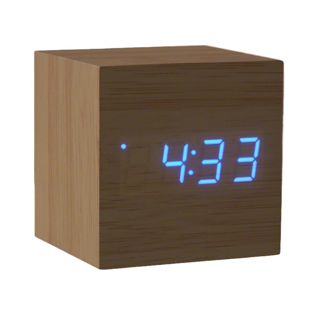 Flashing Blue LED Wooden Cube Digital Alarm Clock with USB