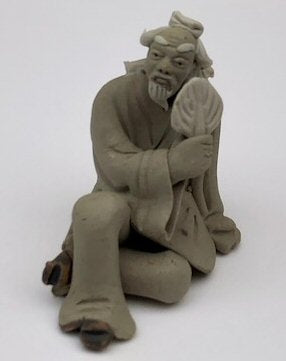 Miniature Ceramic Figurine  Mud Man Holding Fan - 2.5"