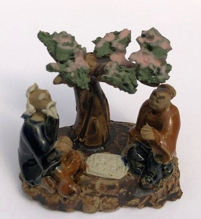Miniature Ceramic Figurine  Two Men Sitting at a Table Under a Tree  Blue & Brown Color