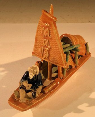 Man on Sampan Boat  Large Glazed Figurine