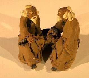 Miniature Ceramic Figurine  Two Men Sitting on Bench - 2"  Unglazed