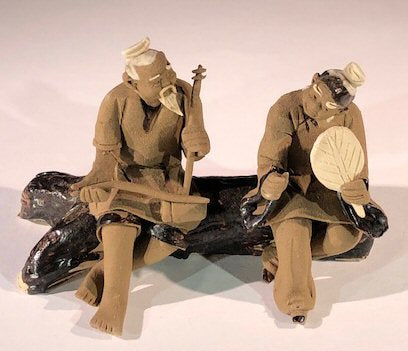 Miniature Ceramic Figurine  Two Men Sitting on Bench Playing Musical Instrument - 2.5"  Unglazed