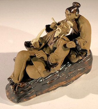 Miniature Ceramic Figurine Mud Man & Women on Log Smoking a Pipe - 2.5"