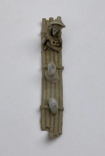 Miniature Ceramic Figurine Mud Man Riding On Raft With Ducks 1.5"