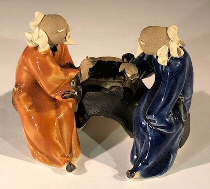 Ceramic Figurine Two Men Sitting On A Bench Playing Chess - 2.0" Color: Orange & Blue