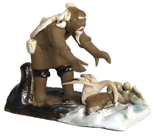 Ceramic Figurine Mud Man on Raft with Crane Catching Fish - 2.5"