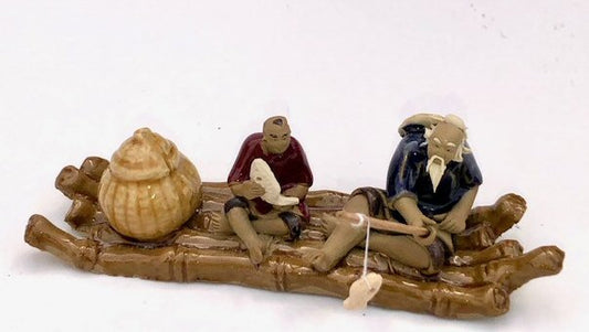 Ceramic Figurine Couple on Bamboo Boat Fishing - 2"