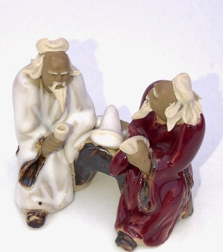 Ceramic Figurine Two Men Sitting On A Bench - 2" Color: Red & White