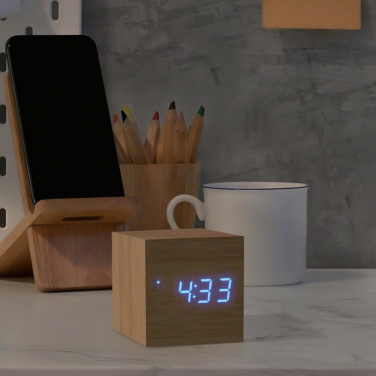Flashing Blue LED Wooden Cube Digital Alarm Clock with USB