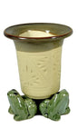Tan Round Bamboo Pot with Three Frogs 4.0" x 4.0" x 4.0"