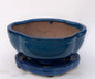 Blue Ceramic Bonsai Pot -Lotus Shaped With Attached Humidity Drip Tray 6.25" x 5.25" x 3.5"