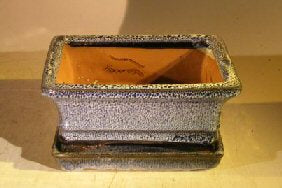 Marble Blue Ceramic Bonsai Pot - Rectangle Professional Series with Attached Humidity/Drip tray  6.37" x 4.75" x 2.625"