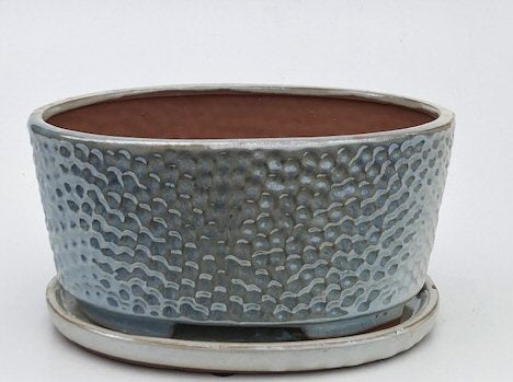 Crackle Pearl Ceramic Bonsai Pot - Oval With Humidity / Drip Tray 10.5" x 8.25" x 4.75"