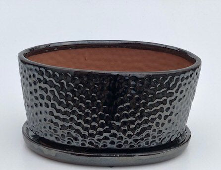 Crackle Black Ceramic Bonsai Pot - Oval With Humidity / Drip Tray 10.5" x 8.25" x 4.75"