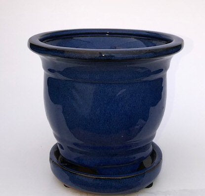 Blue Ceramic Bonsai Pot - Round Attached Humidity/Drip tray 5.75" x 5.75" x 5.0"
