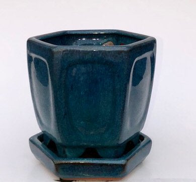 Blue / Green Ceramic Bonsai Pot - Hexagon With Attached Humidity Drip Tray 5.5" x 5.5" x 5.5"