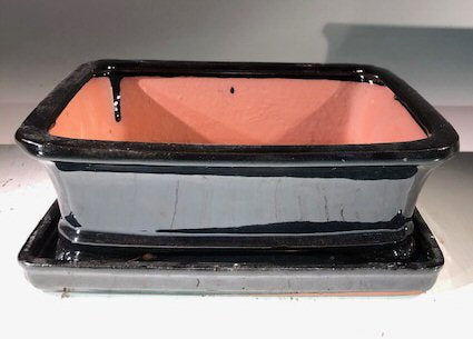 Black Ceramic Bonsai Pot - Rectangle With Humidity Drip Tray 8" x 6" x 3"