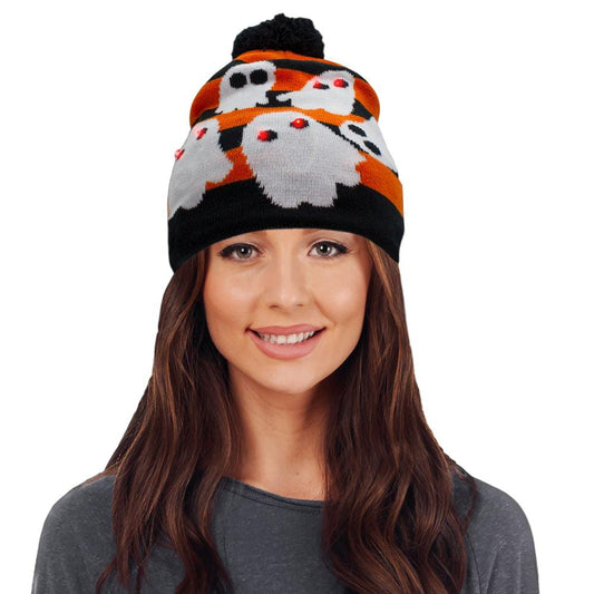 Light Up Ghost Knit Pom Pom Beanie Hat Pack of 6