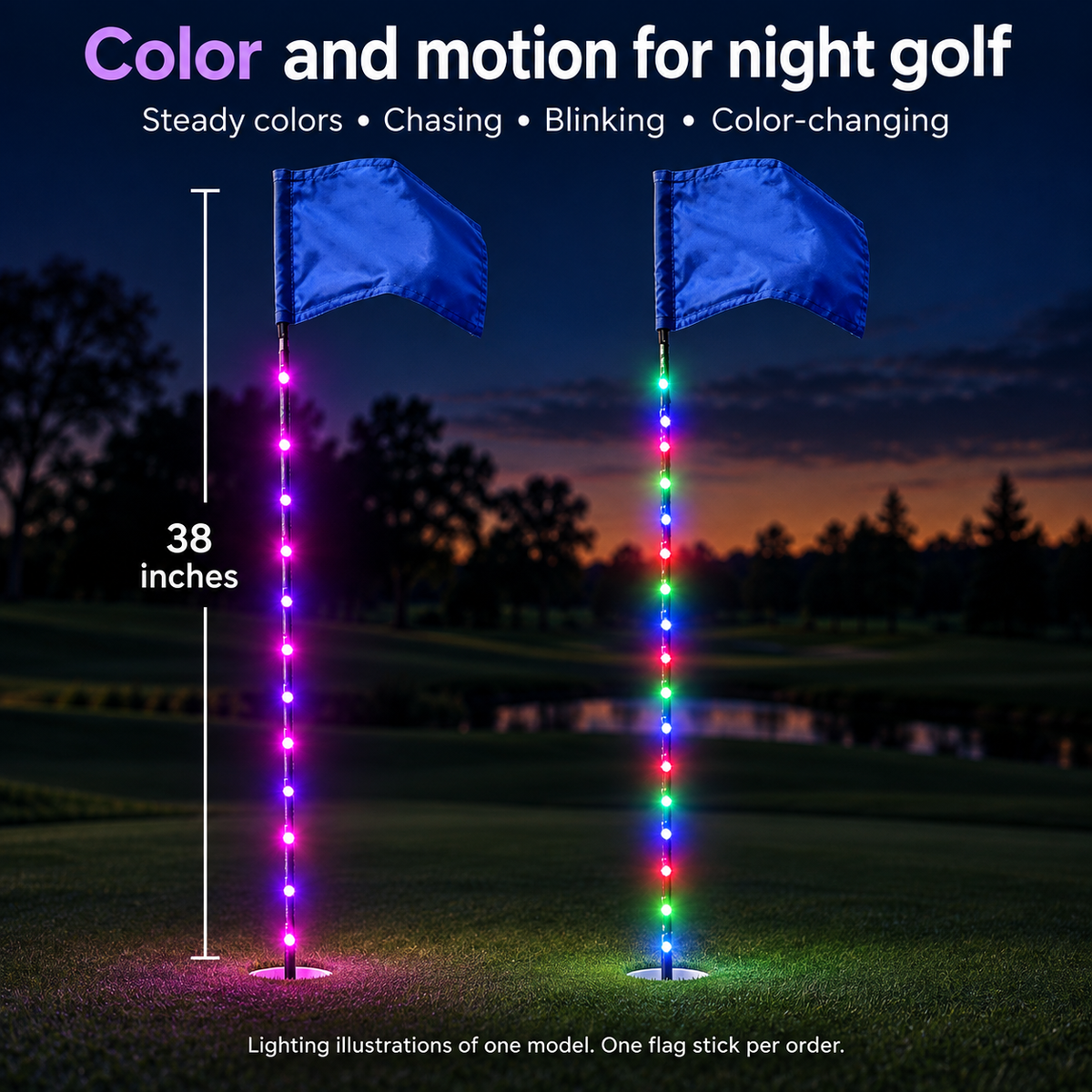38 Inch Rechargeable LED Mini Golf Flag Stick Multicolor 358 Effects and Remote