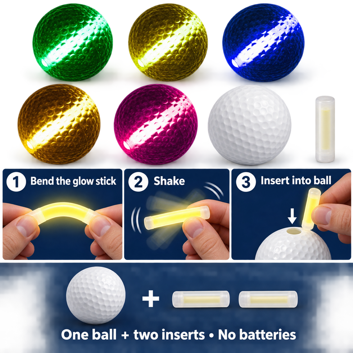 Night Eagle Glow Golf Ball Assorted Colors 1 Ball and 2 Glow Sticks