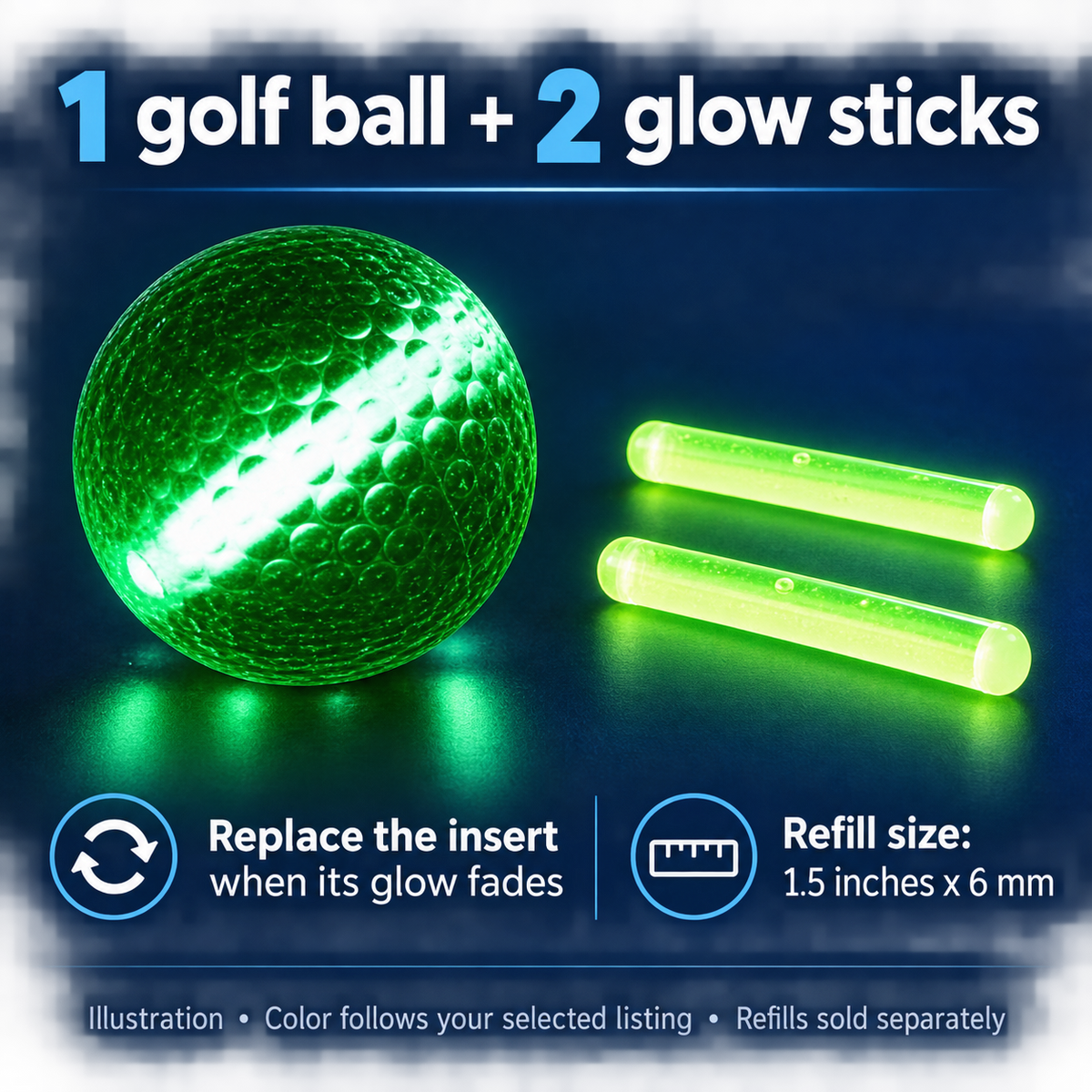 Night Eagle Glow Golf Ball Assorted Colors 1 Ball and 2 Glow Sticks